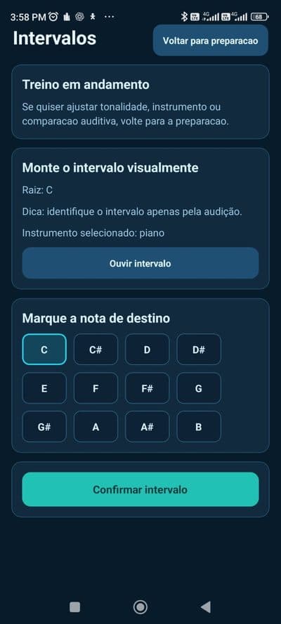 Tela de treino de intervalos com grade de notas