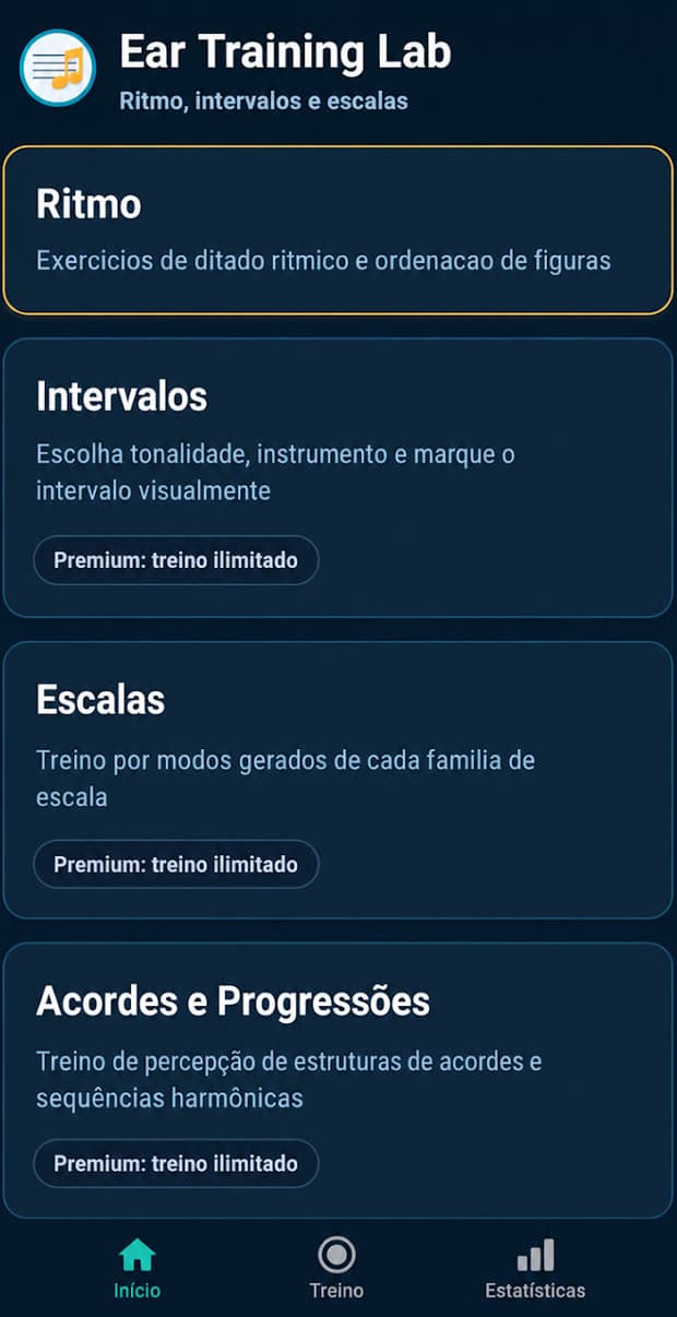 Tela de módulos de treino do Ear Training Lab: Ritmo, Intervalos, Escalas e Acordes e Progressões